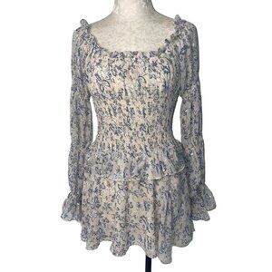 Sabo Luxe Womens Dress Size L Cream Floral Chiffon Shirred Long Sleeve Mini New